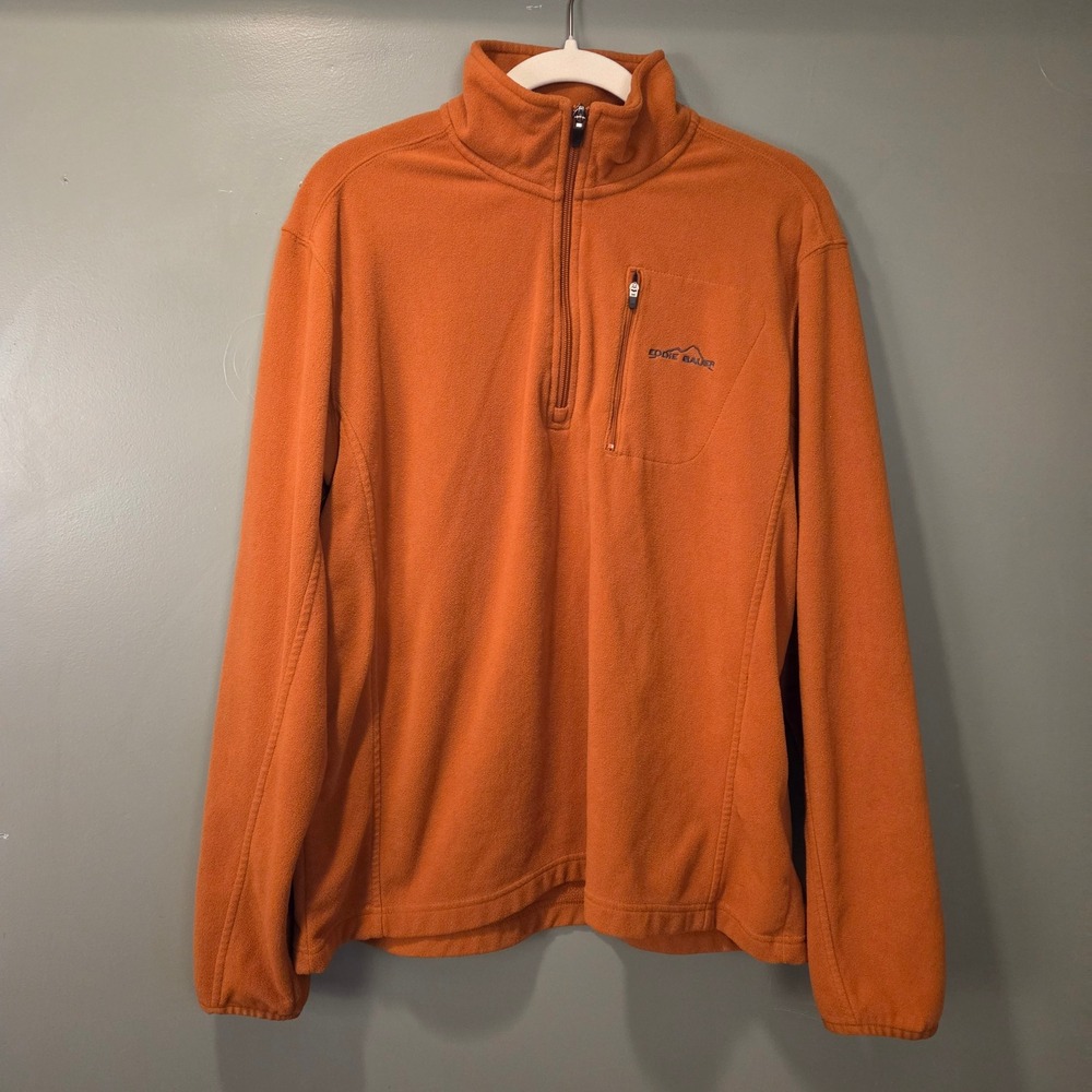 Eddie Bauer Men's Fleece Quarter Zip Pullover Sweater Size L Orange Long Sleeves